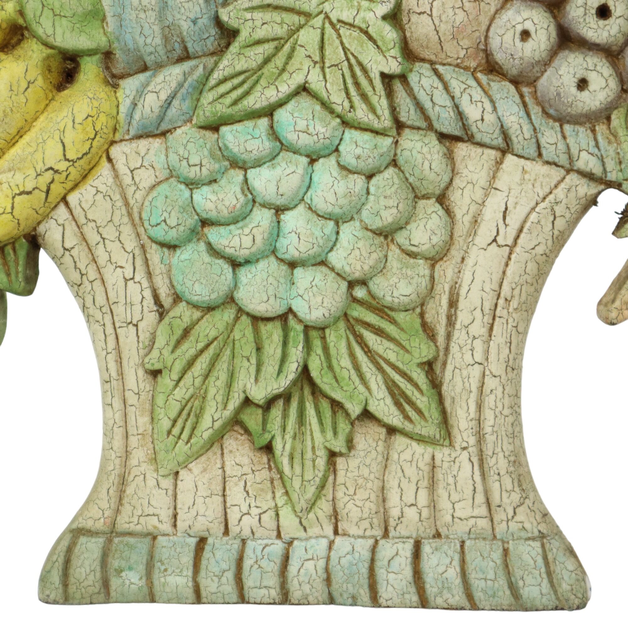 Vintage Fruit Basket with Bow Wood Carving Hand Painted Crackle Wall Decoration 41cm