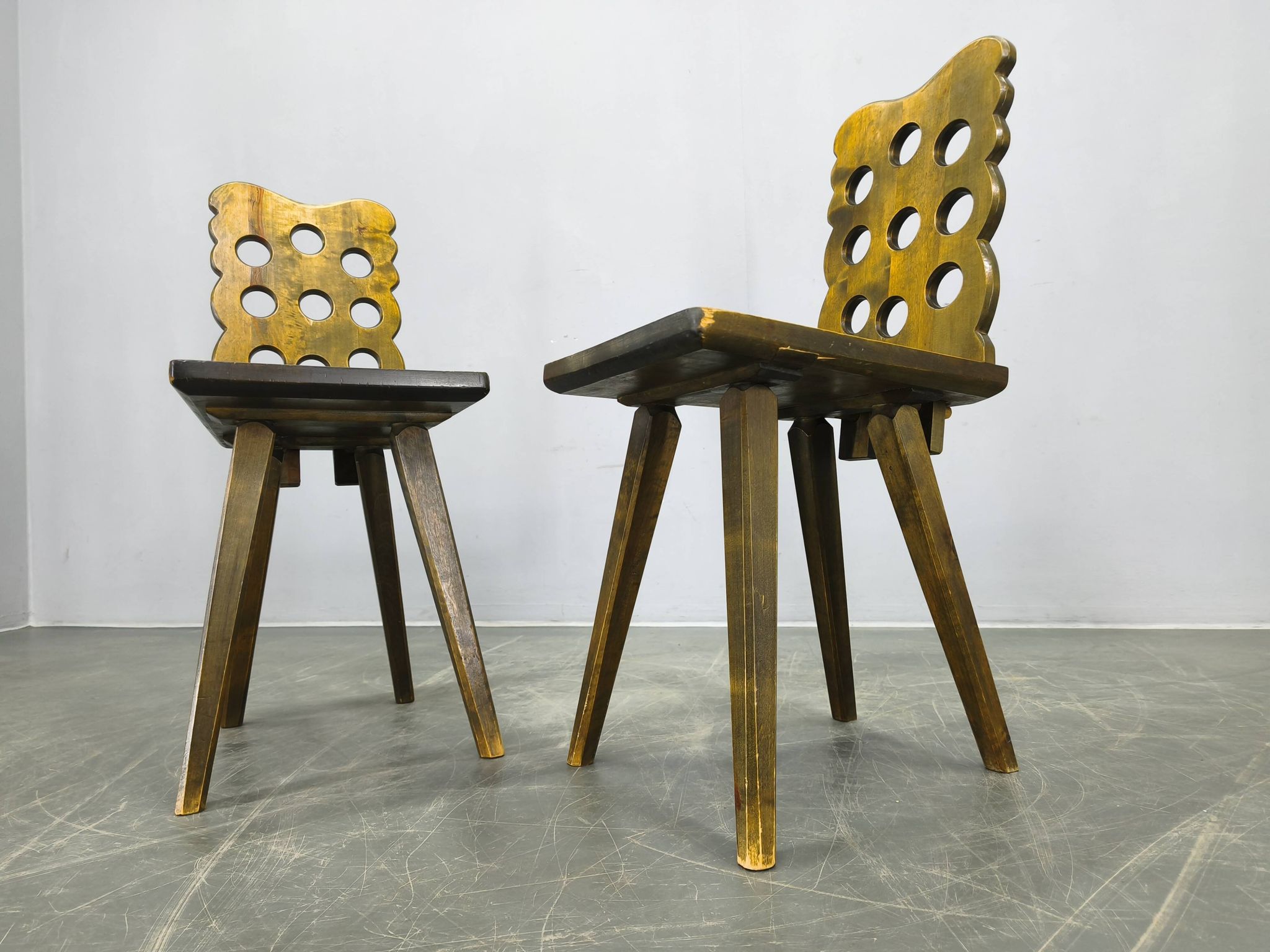 Set of 3 Brutalist Wooden Chairs, Czechoslovakia, 1950s