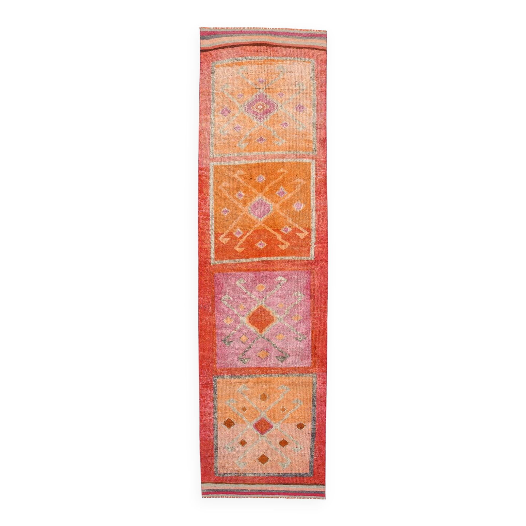 Pastel Tones Geometric Turkish Vintage Hallway Runner Rug, 95x345 Cm