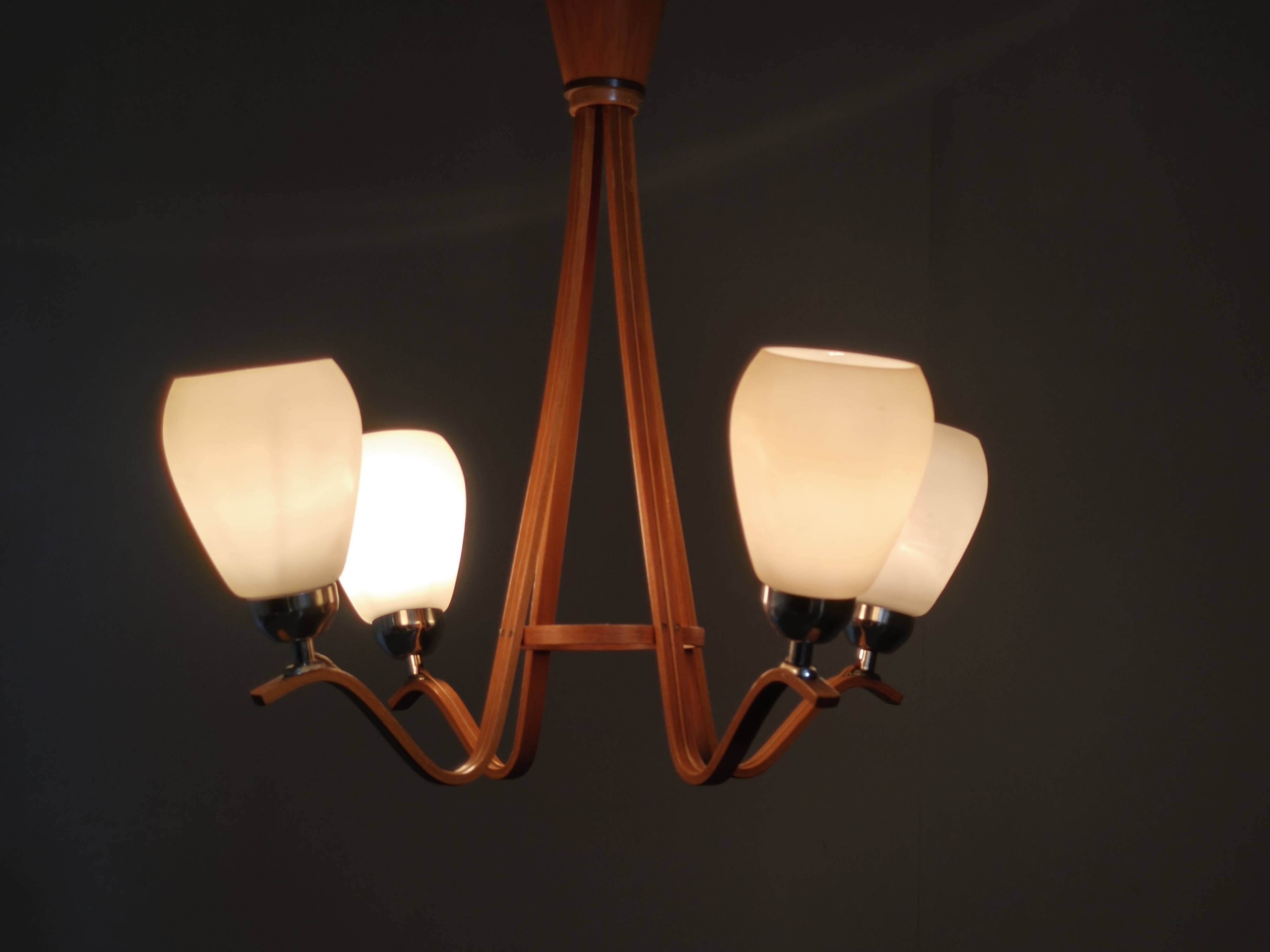 Pair of Czech Mid-Century Wood and Glass Chandeliers by Dřevo Humpolec
