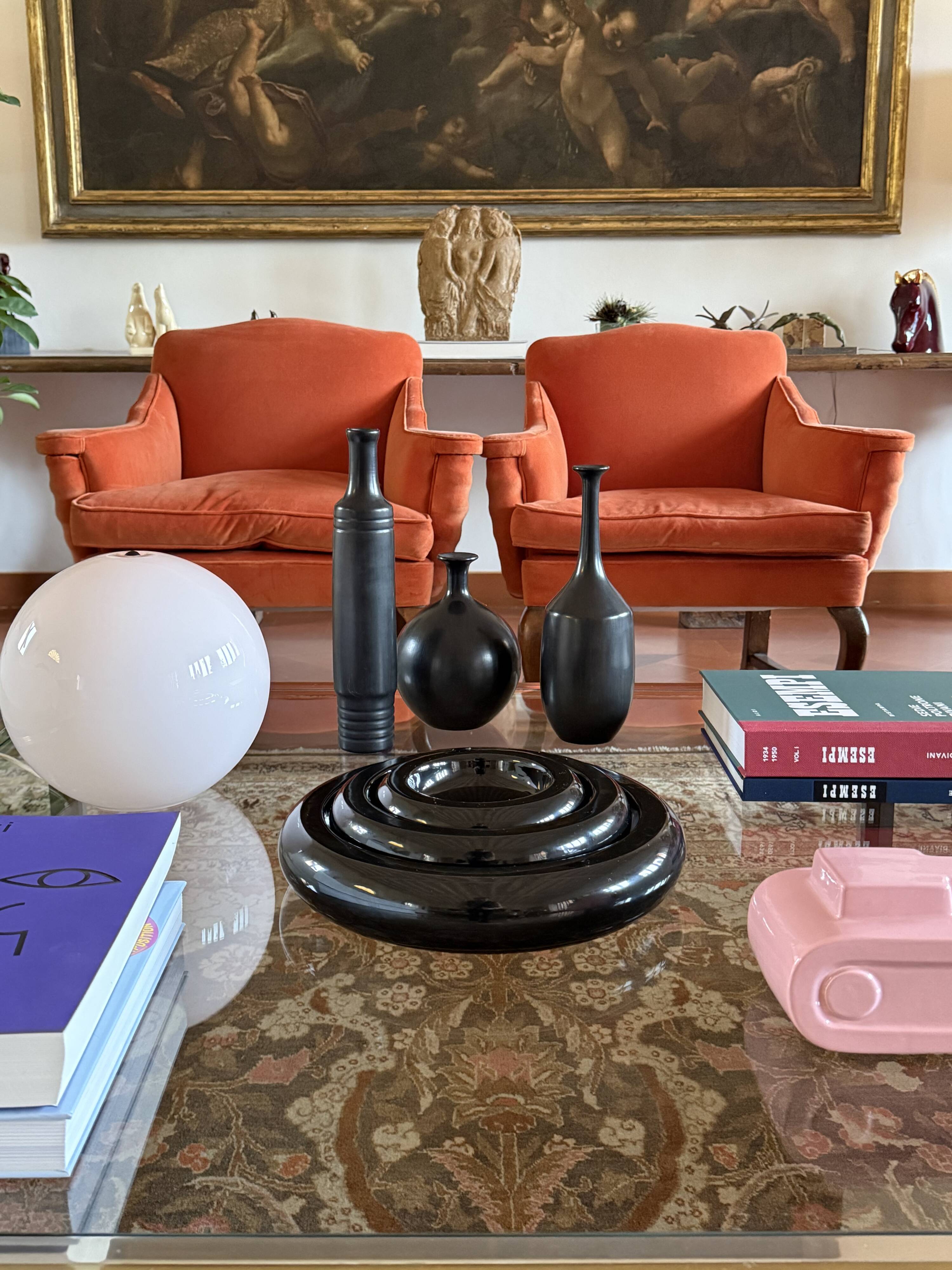 Mid-century set of 3 black bucchero ceramic vases, Sebastiani Italy 1960s