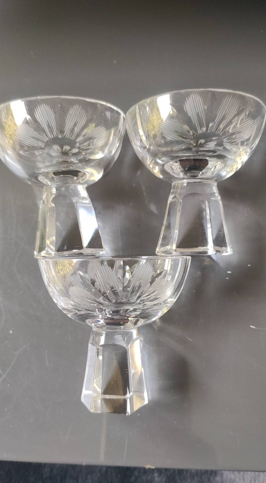 Lot of 5 Small Digestif/Liqueur Glasses. Cut Bohemian crystal. Floral.
