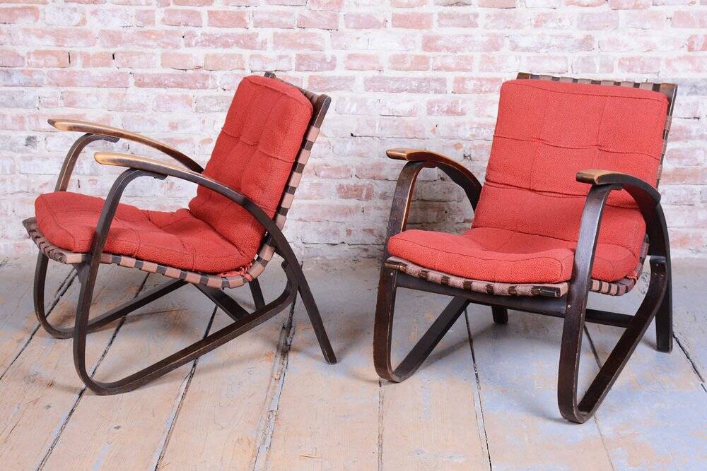Czech Art Deco Oak Armchairs attributed to Jan Vaněk, 1940s, Set of 2