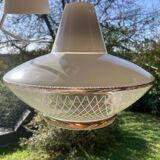 Space Age saucer pendant light, 1950s chandelier, in white and gold glass