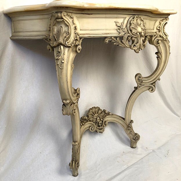 Louis XV style console in gray lacquered wood and marble top, nineteenth