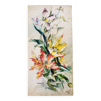 Aquarelle bouquet d’iris signé vintage