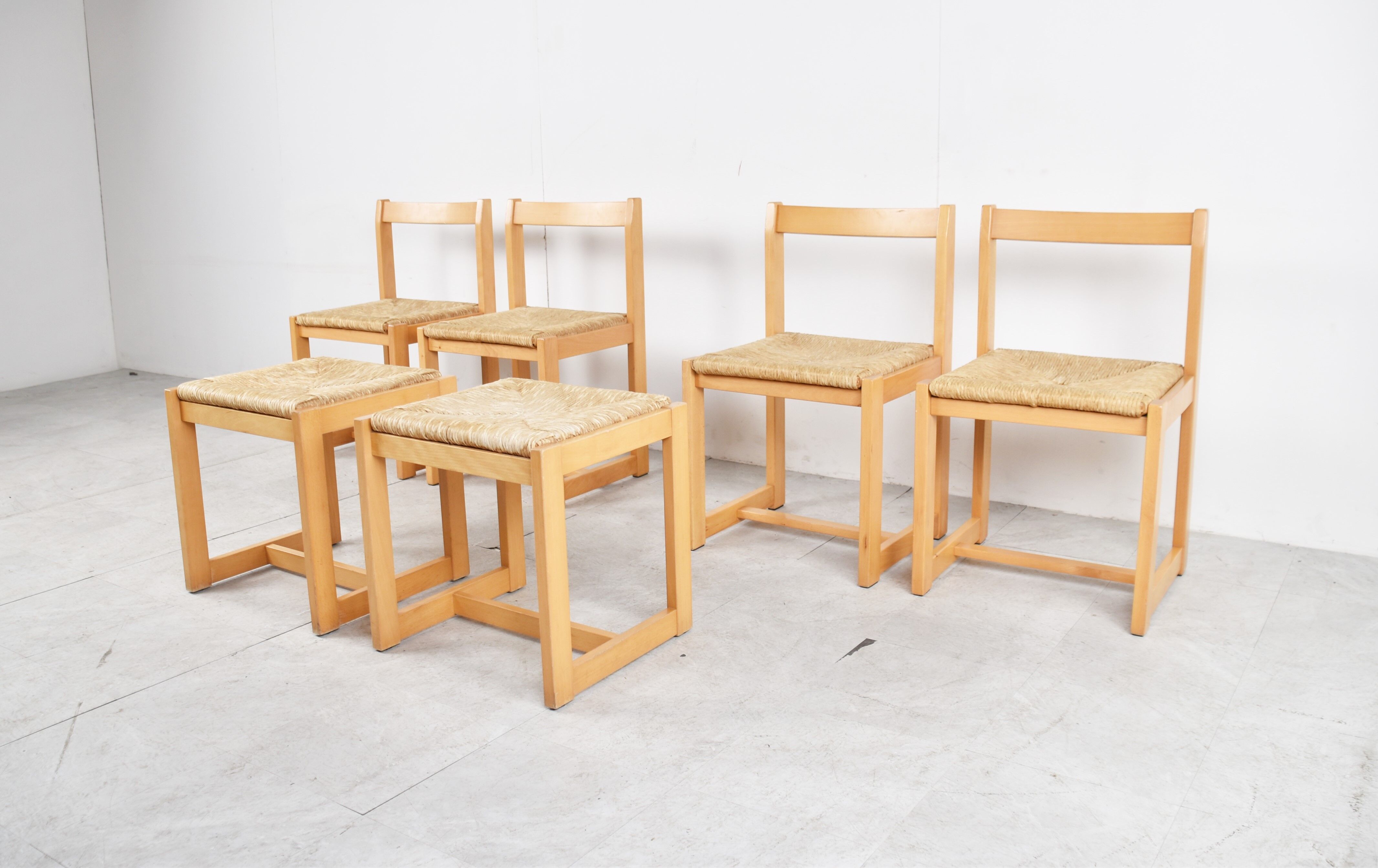 6 vintage oak and wicker dining chairs, 1960s