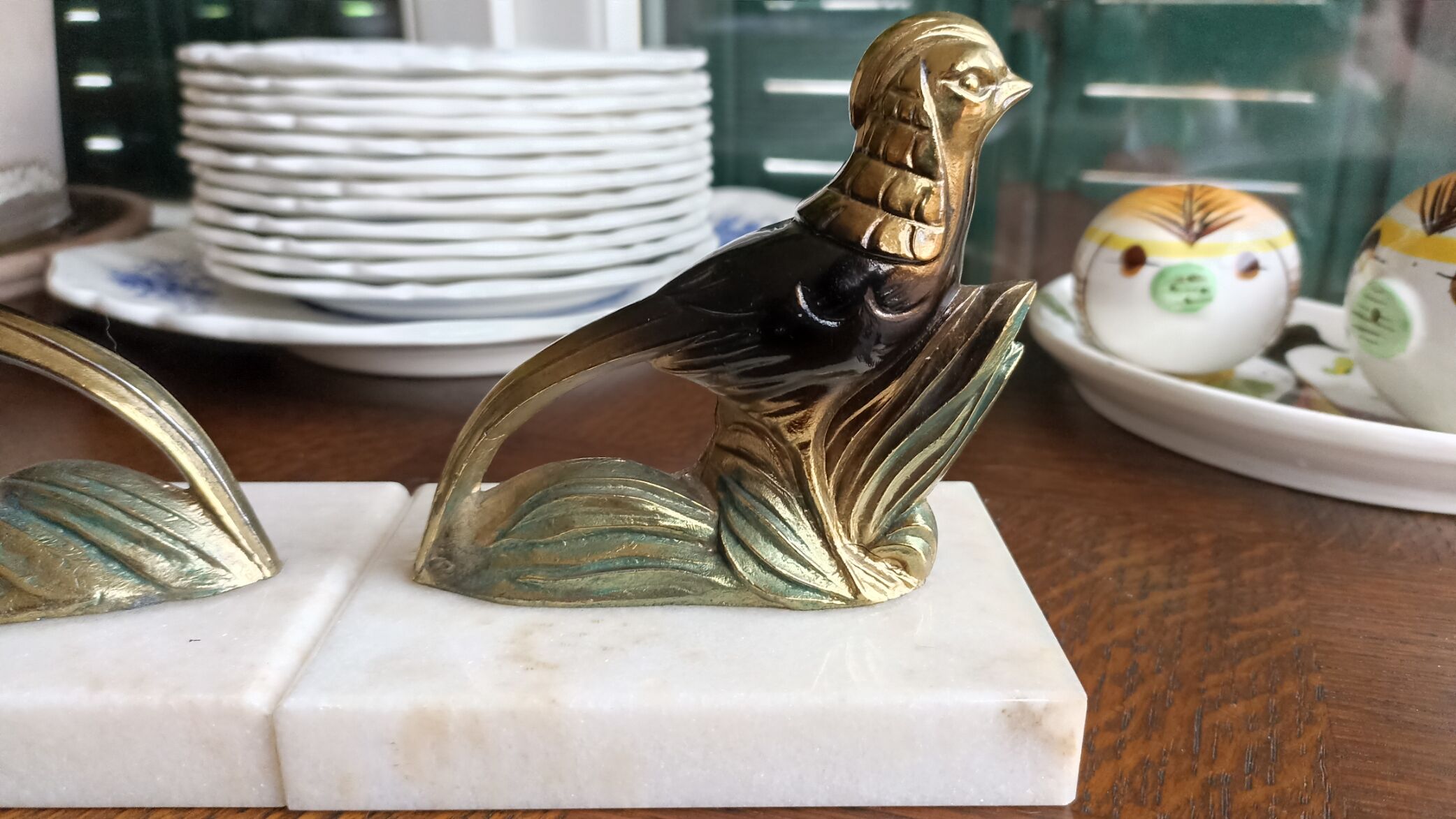 Marble and zinc art bookends - Pheasants