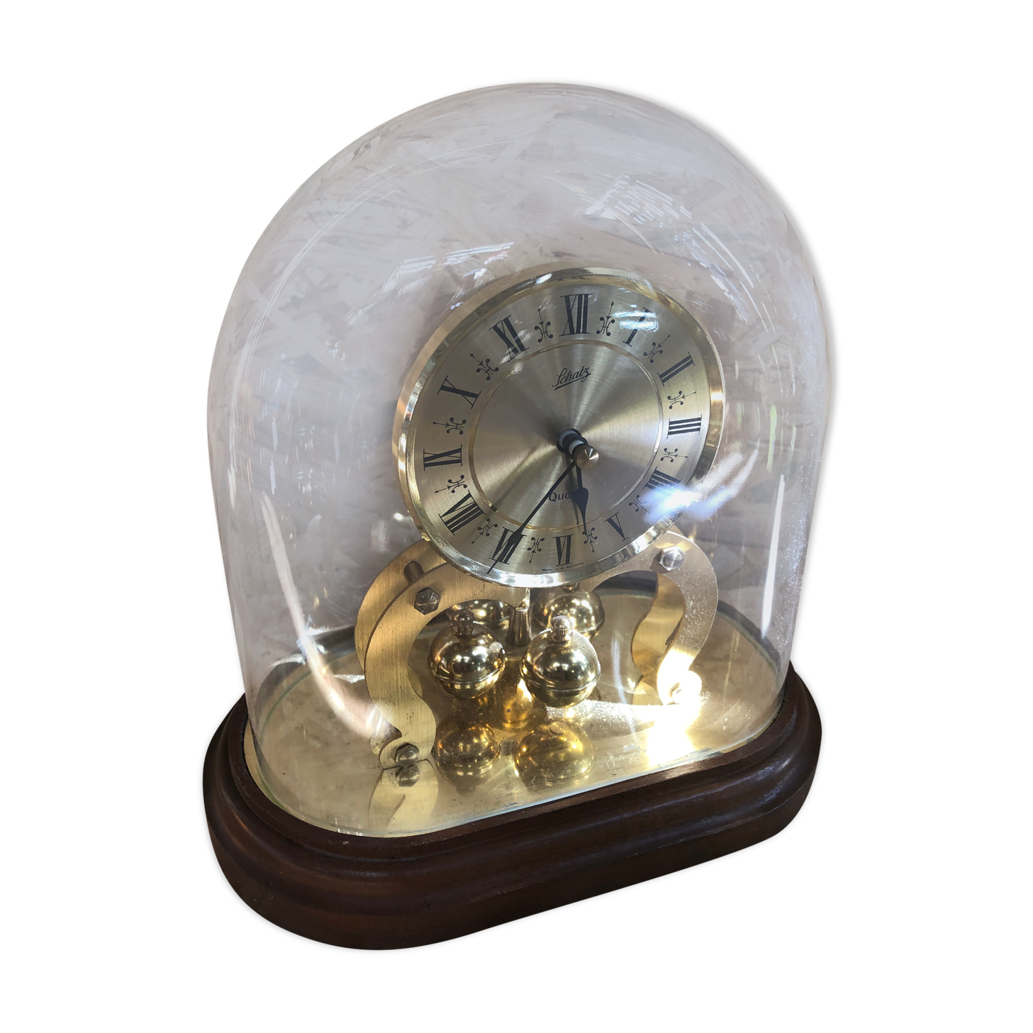 Old clock pendulum 400 days schatz gold metal + bell vintage glass