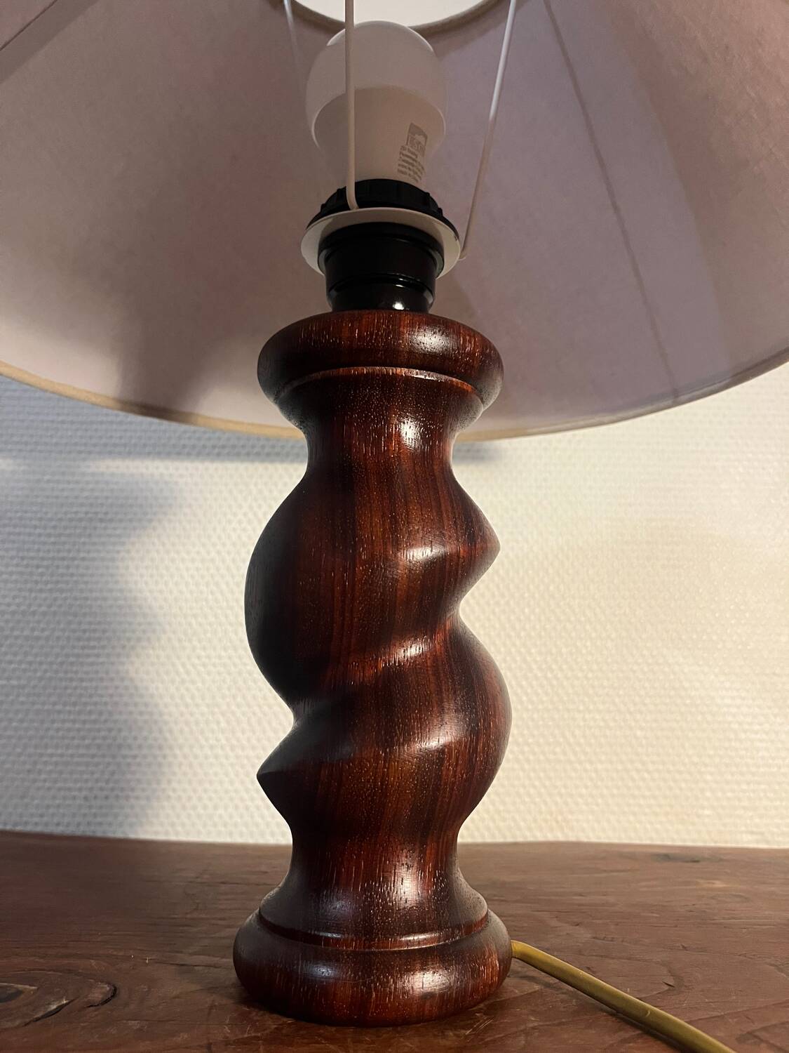 Solid turned wood foot lamp with lampshade