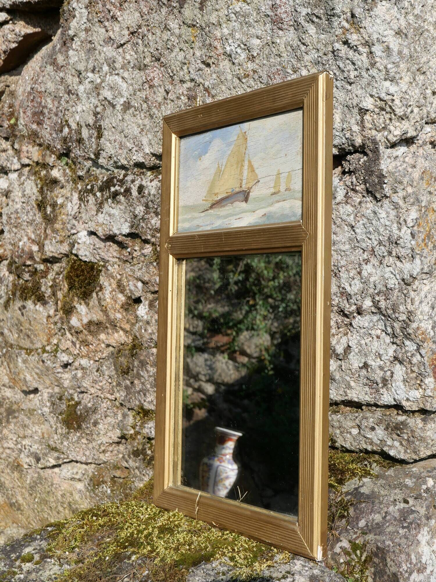 Mirror trumeau sailboat oil painting on wood
