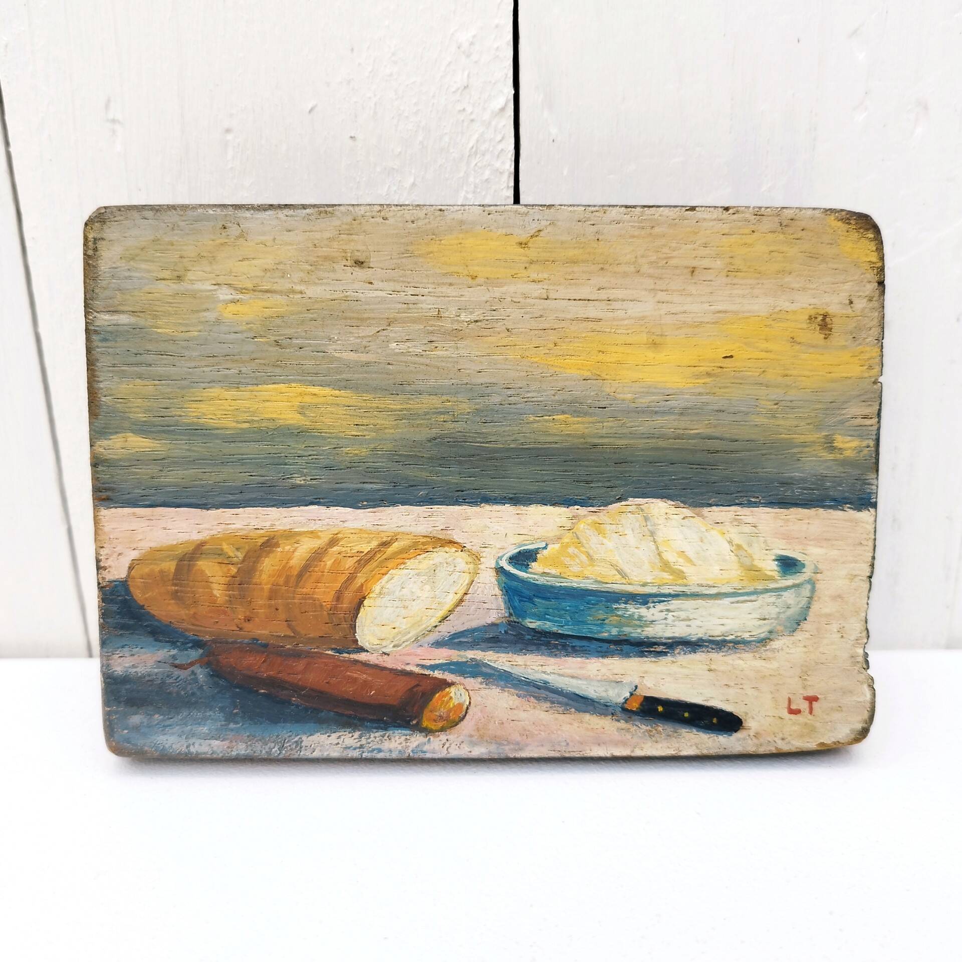 Still life painting on vintage wood
