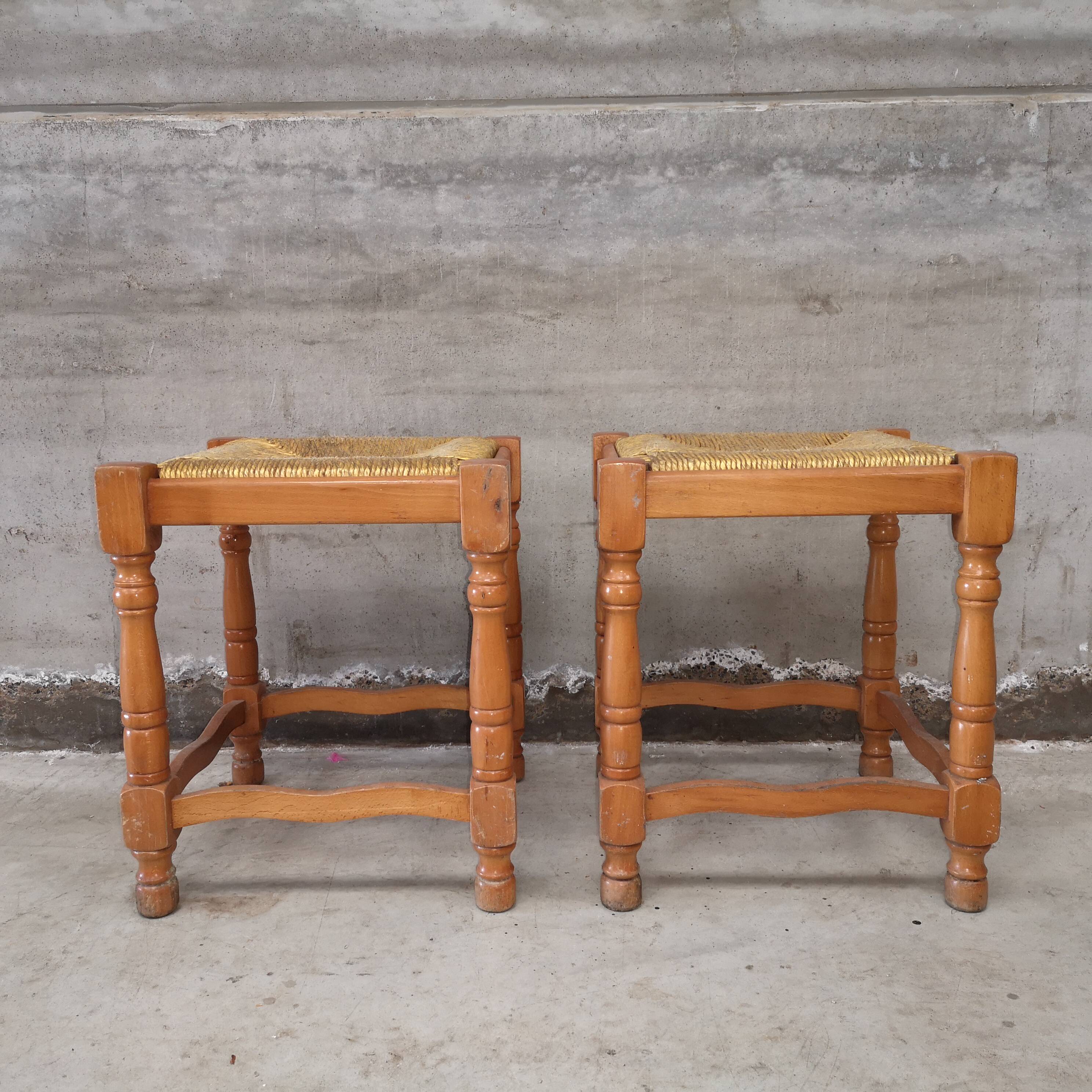 Paire de Tabourets Vintage Rustiques  Hêtre et Paille 1970 1980