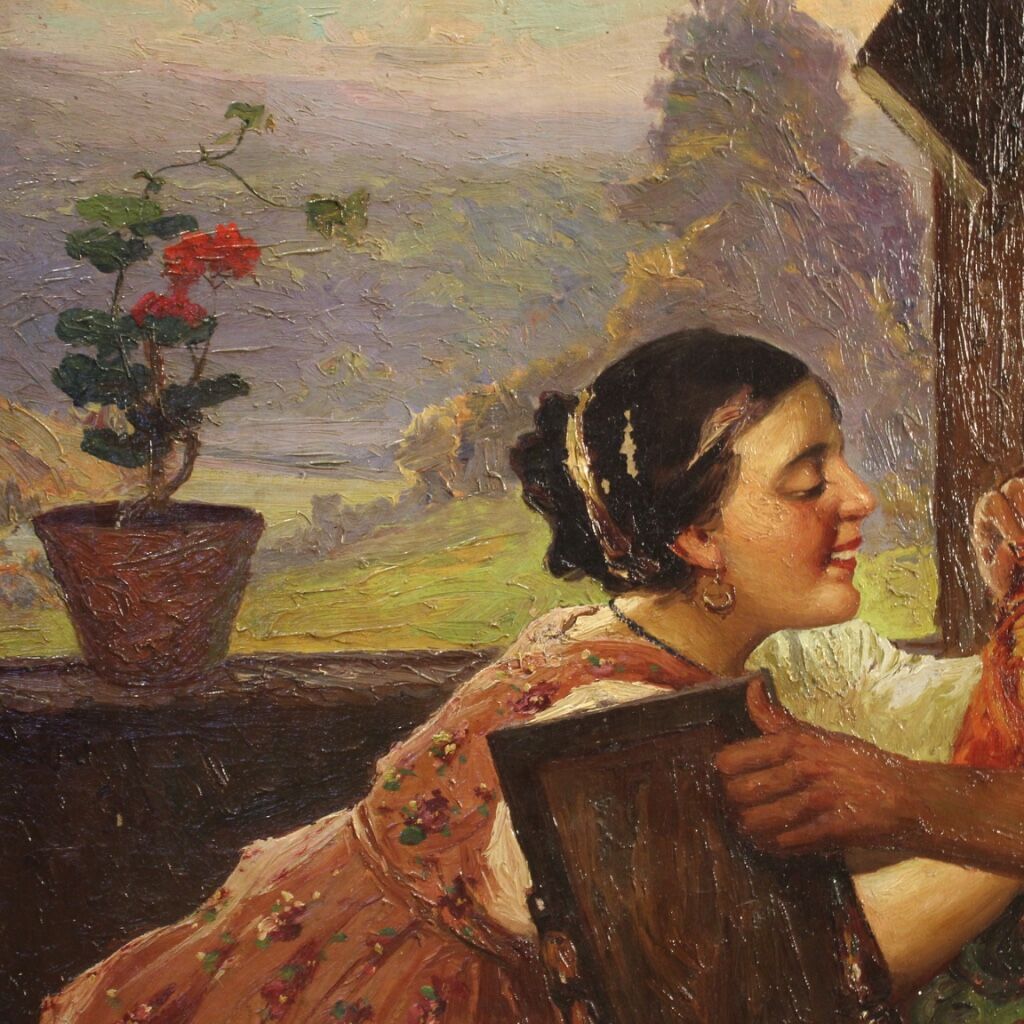 Antique interior scene painting from 19th century