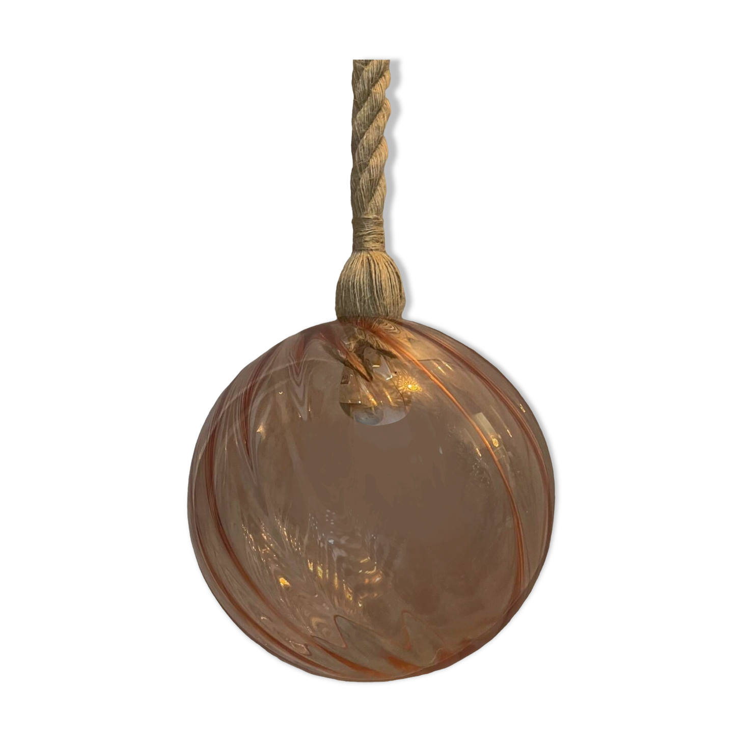 Suspension globe rose pale en verre  à relief avec câble corde