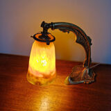 Lampe de bureau art déco en bronze et verre marmoréen, frères Muller, 1920