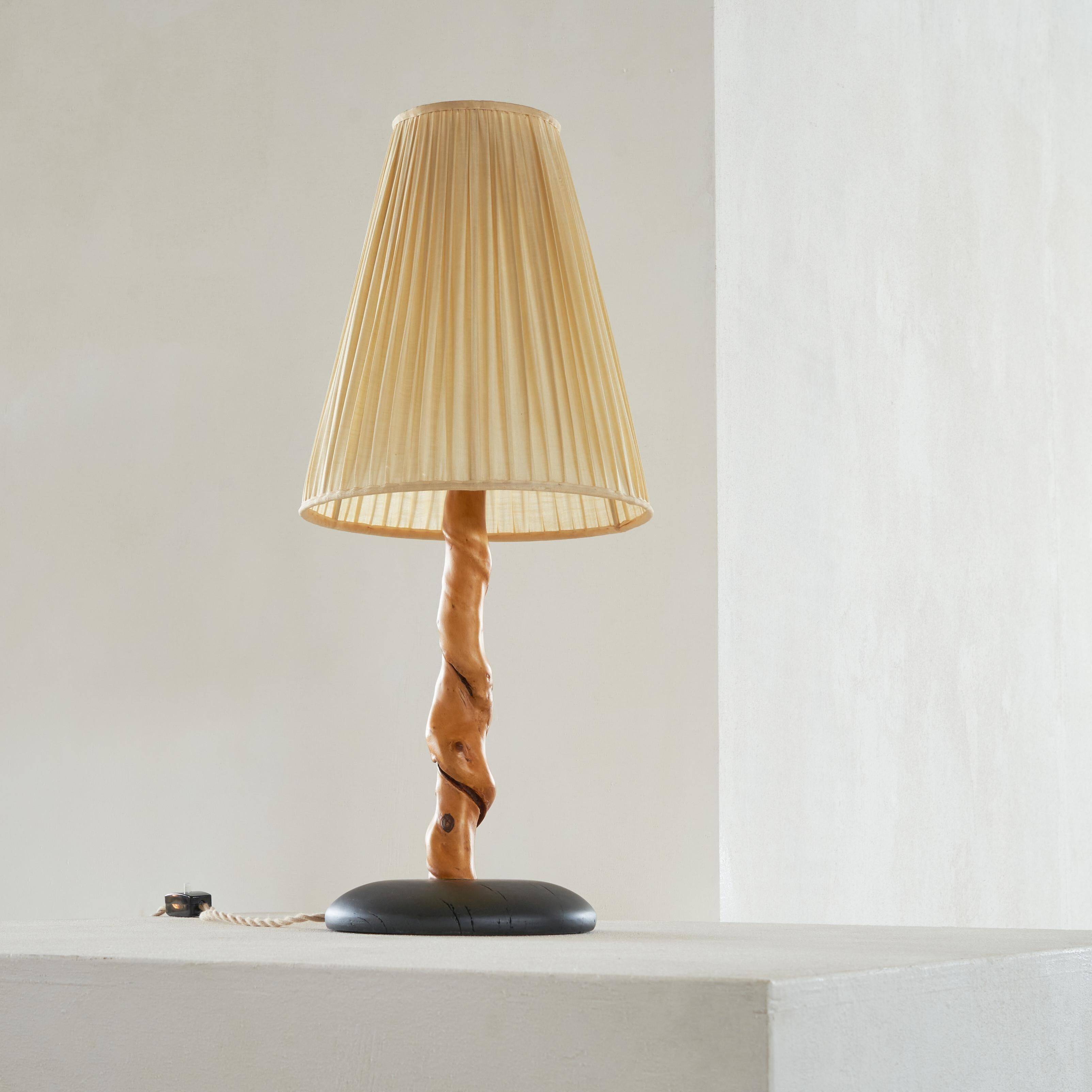 Tree Trunk table lamp in acacia, oak, and linen, 1950s