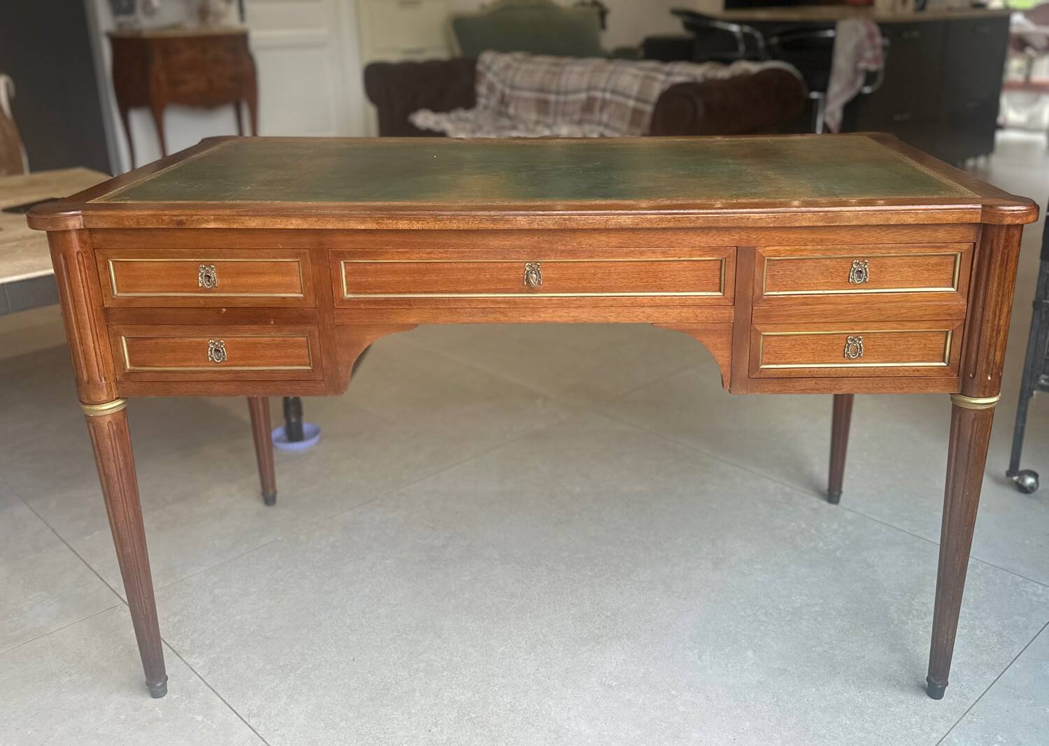 Louis XVI style solid mahogany and bronze flat desk, 19th century