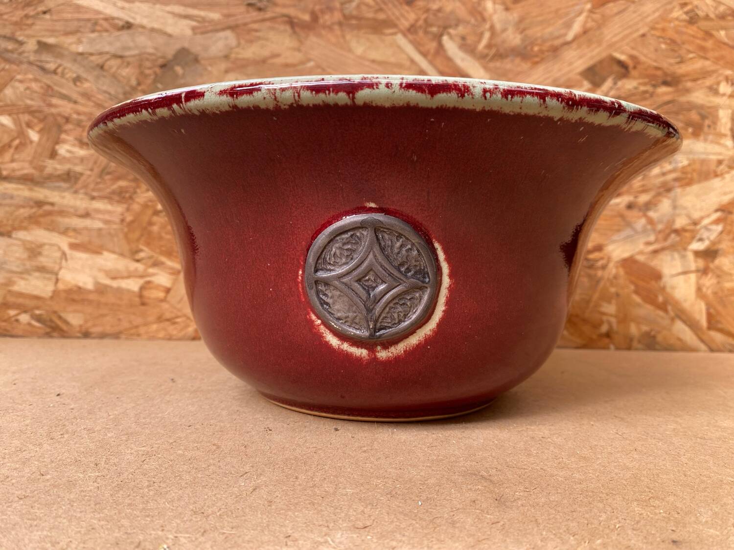 Antique Red Ceramic Salad Bowl Blue Interior + Vintage Kitchen Badge