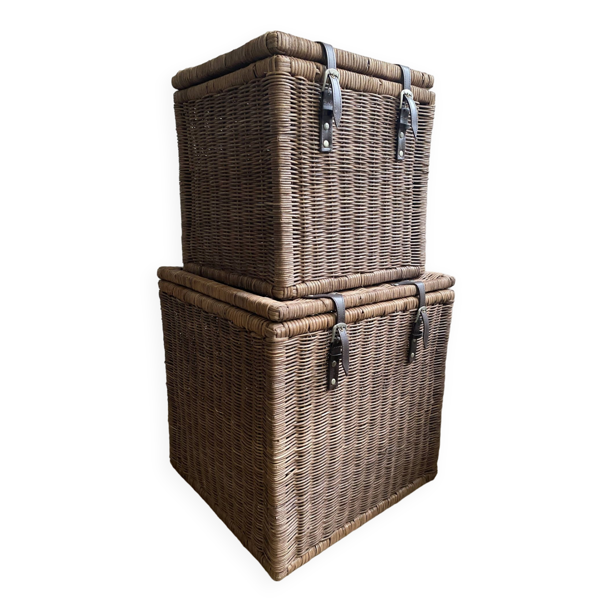 Set of two large trunks, vintage wicker storage chests