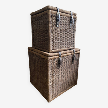 Set of two large trunks, vintage wicker storage chests