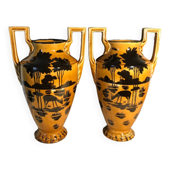 Pair of Orchies Art Deco Vases with silhouette style Fawn decoration