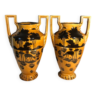 Paire de Vases Art Déco Orchies à décor Faon façon silhouette