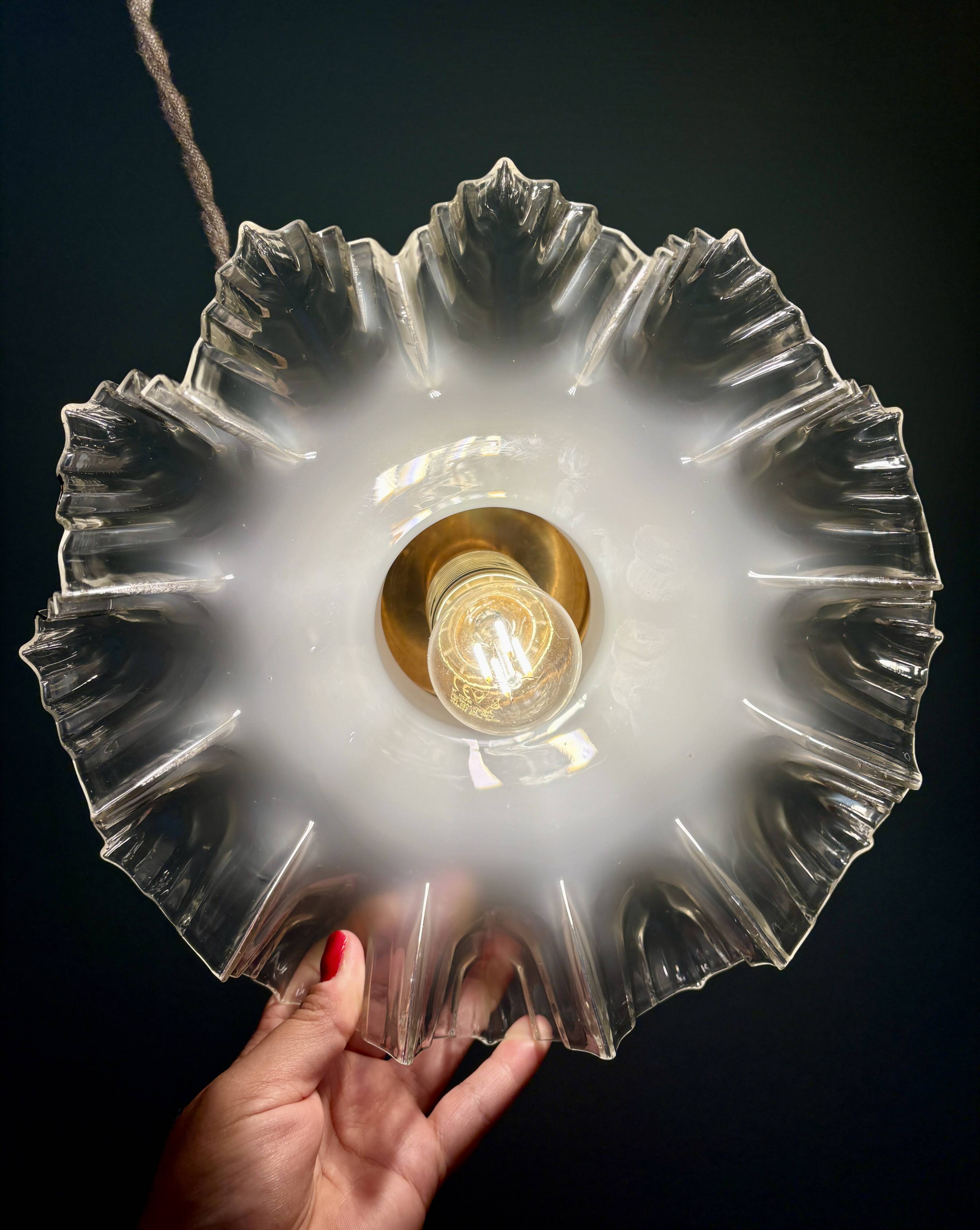 Vintage lace glass pendant lampshade, half white, half transparent