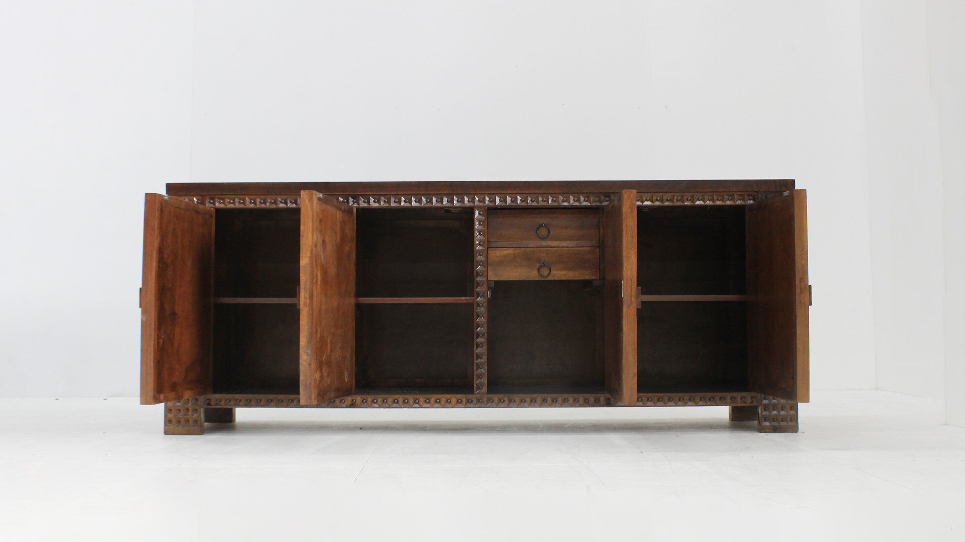 Spanish brutalist sideboard room divider solid walnut wood 1960s