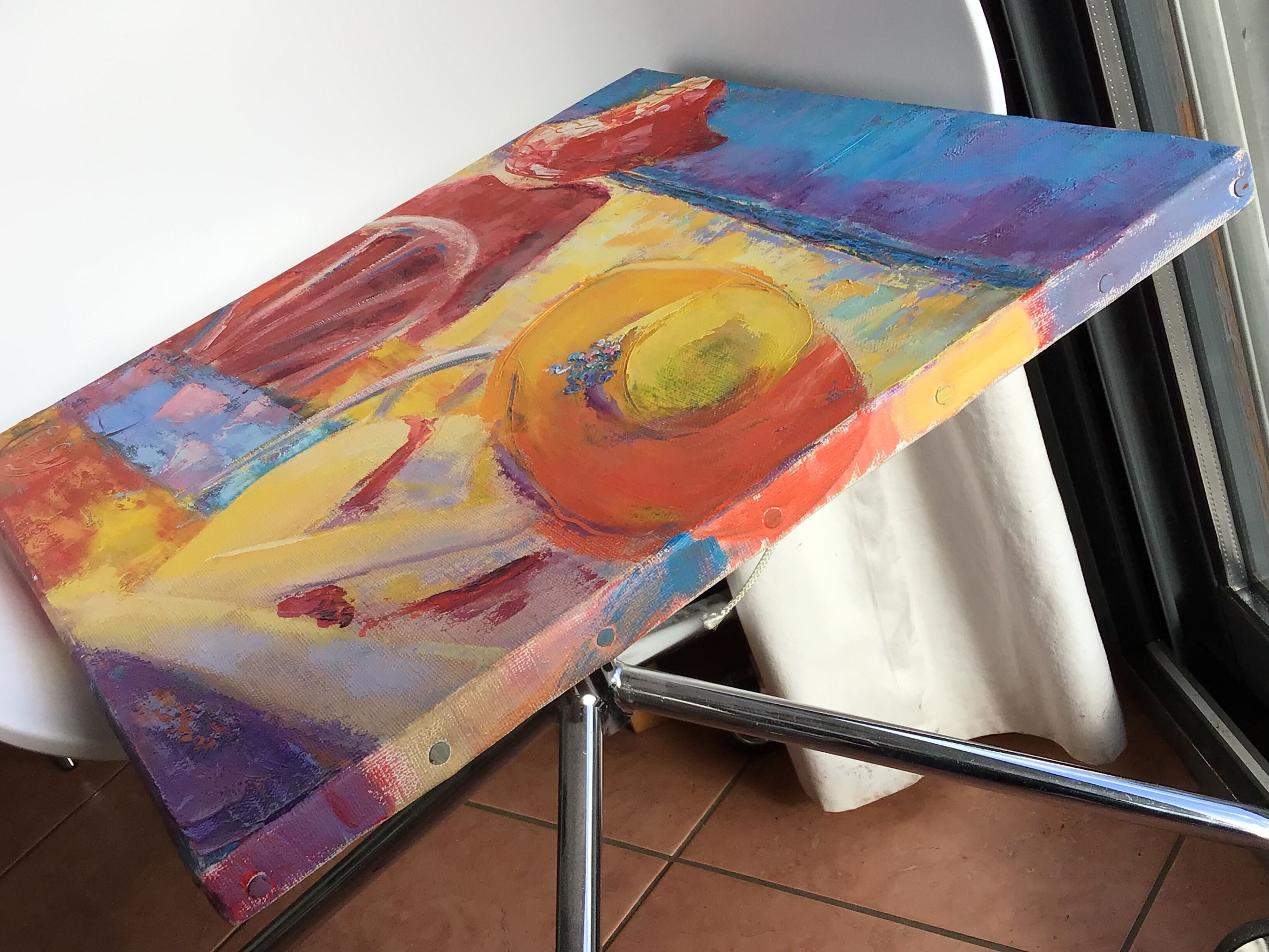 Oil on canvas Terrace signed 40x40cm