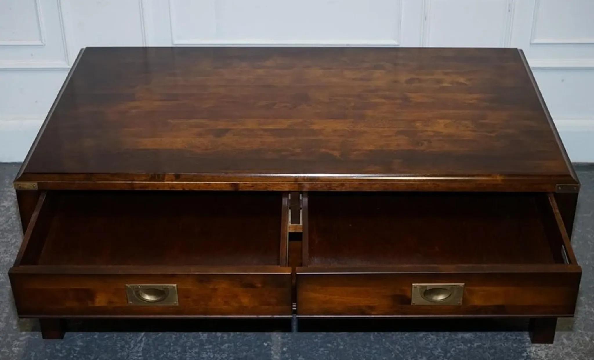Vintage Military Campaign Coffee Table in Brass and Hardwood with Drawers