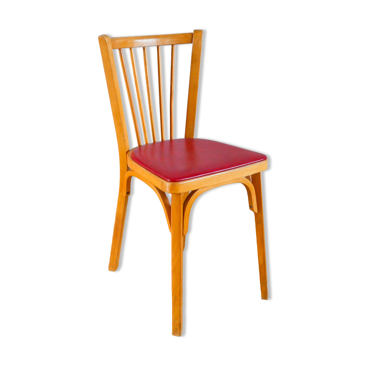 Baumann bistro chair in blond oak and red leatherette, 1950