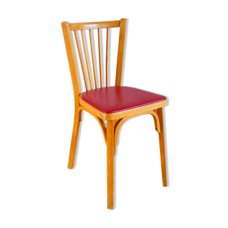 Baumann bistro chair in blond oak and red leatherette, 1950