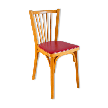 Baumann bistro chair in blond oak and red leatherette, 1950