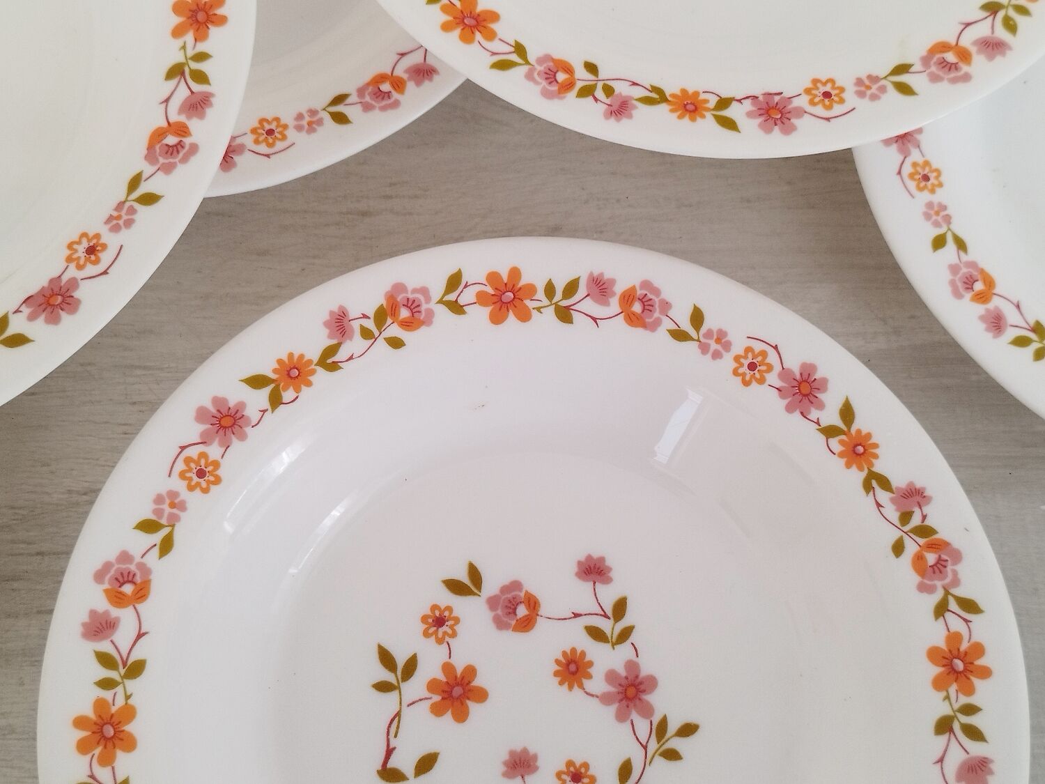 9 Assiettes Arcopal Vintage Des Années 70 – Motif Scania Fleuri, 6 Creuses Et 3 Plates