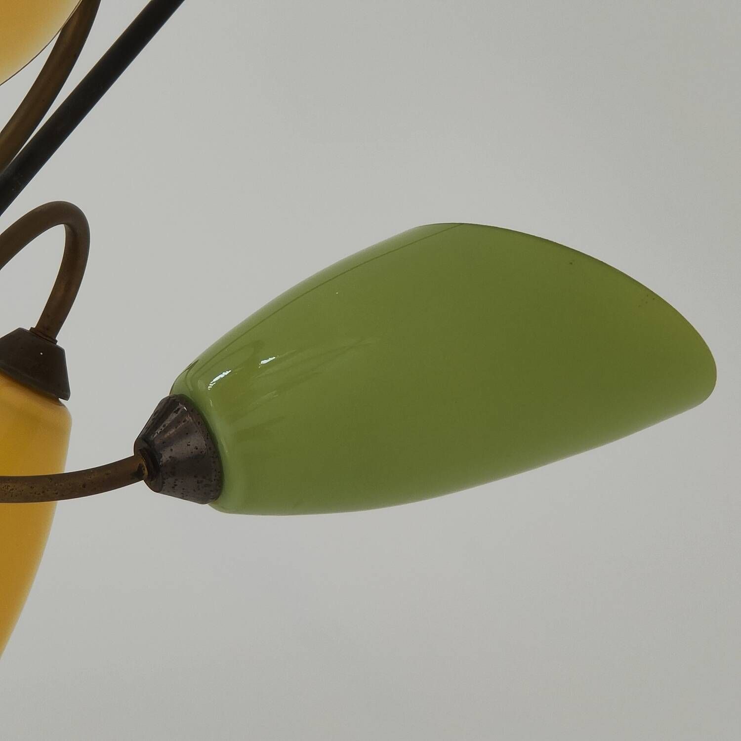 Brass and glass chandelier 4 yellow and green lights from the 60s