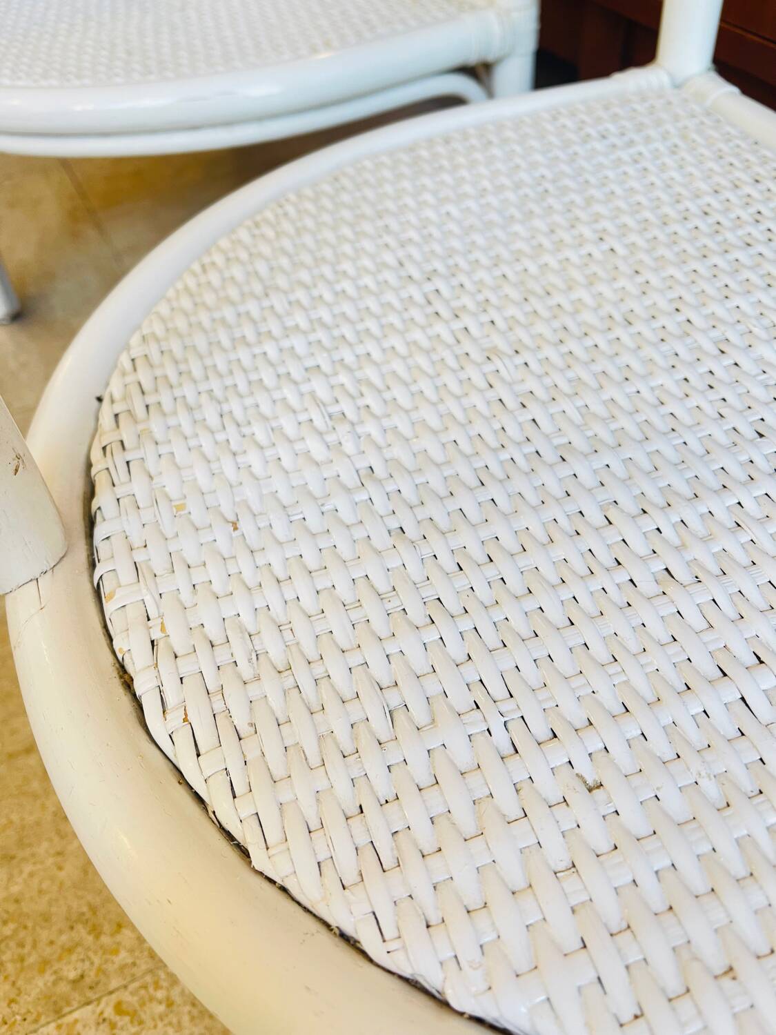 Pair of white rattan bedside tables – 1970s-80s