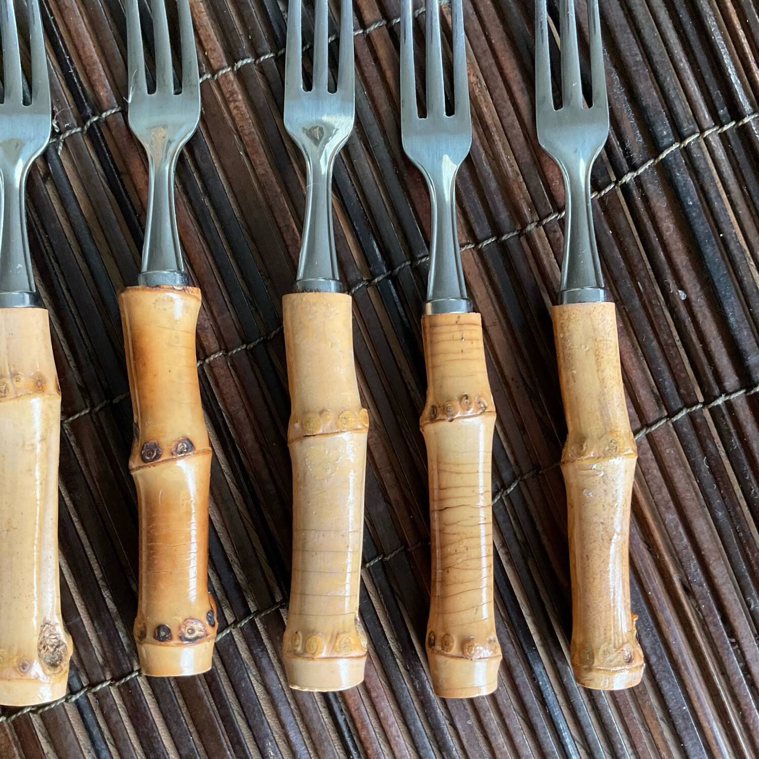 6 small vintage bamboo forks
