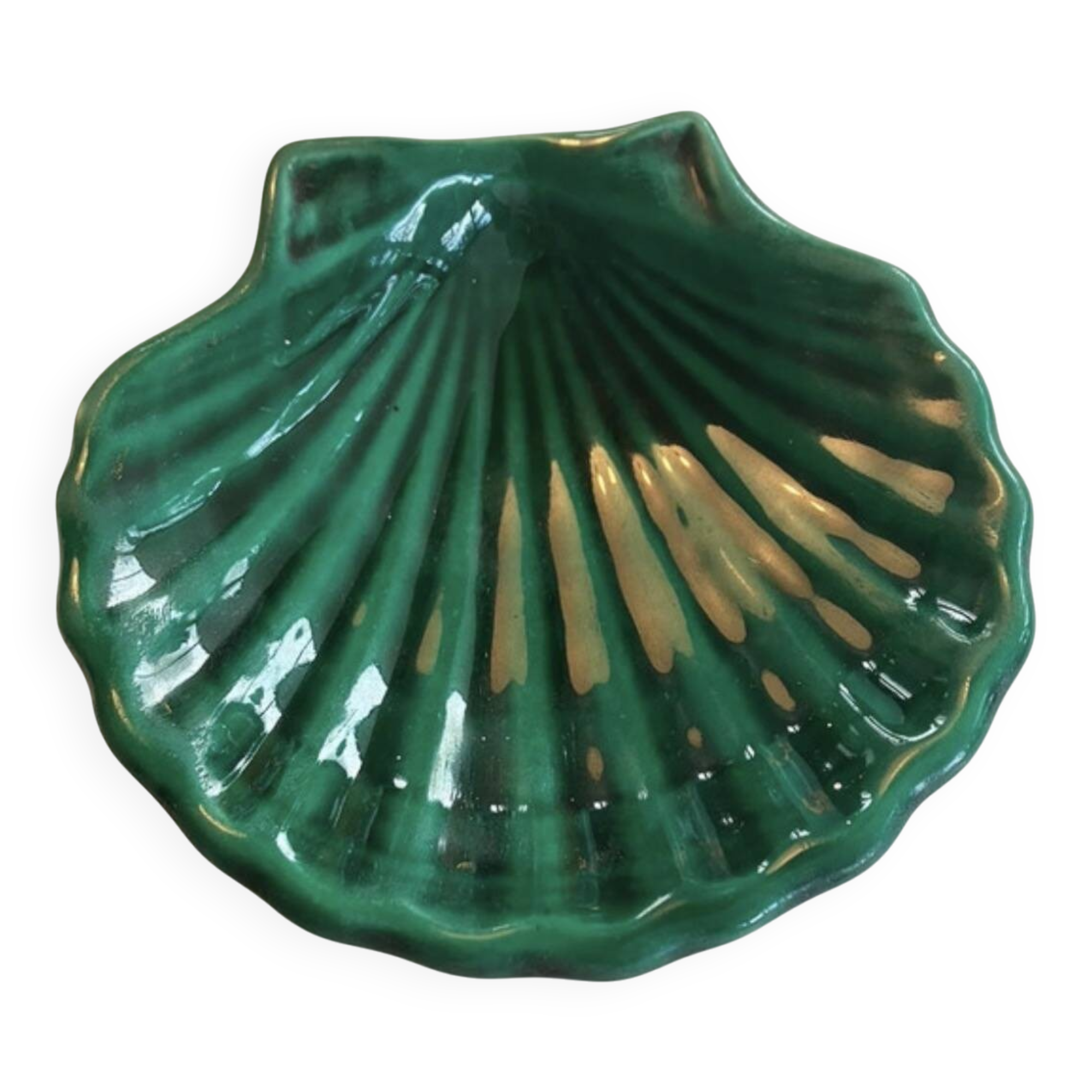 Green glazed ceramic scallop shell dish marked III