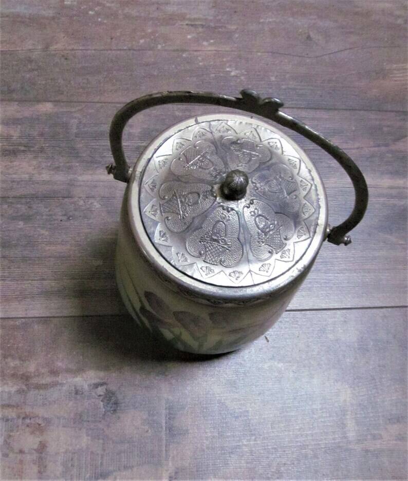Art Nouveau Opal Glass Biscuit Jar: Hand-Painted Iris, French Candy Jar