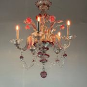 Venetian chandelier in colorless and red Murano glass, 5 light arms