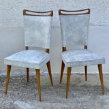 Pair of vintage 1960s compass-legged chairs in wood and white imitation leather