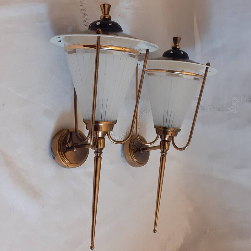 pair of wall-mounted torch lights corner 1950-1960 Arlus or Lunel glass metal