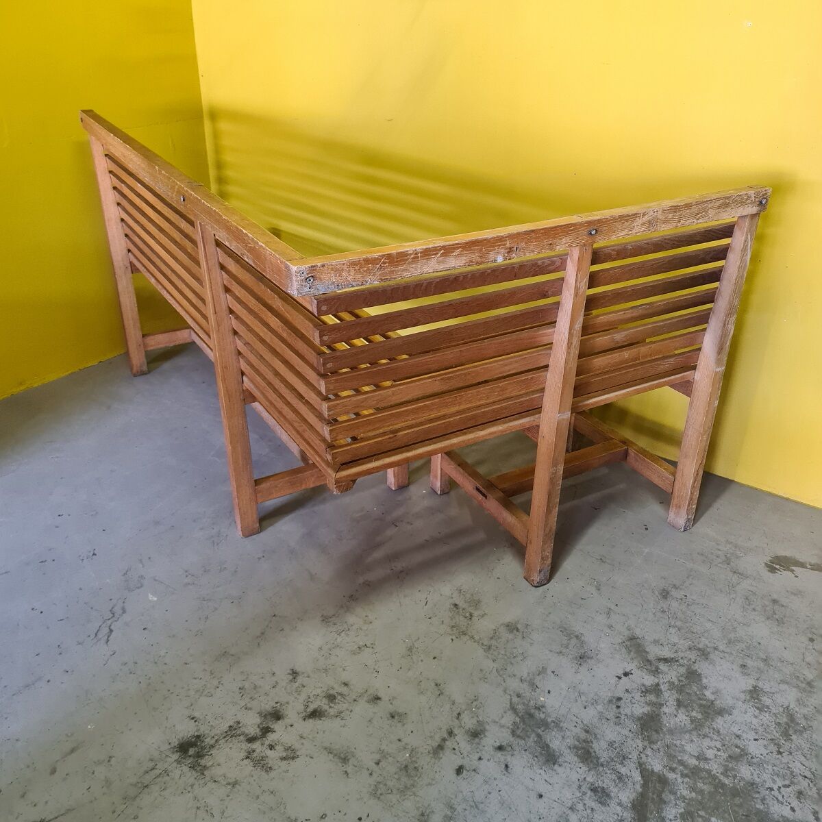 Vintage french beech wooden sauna or salon corner bench, second half 20th century