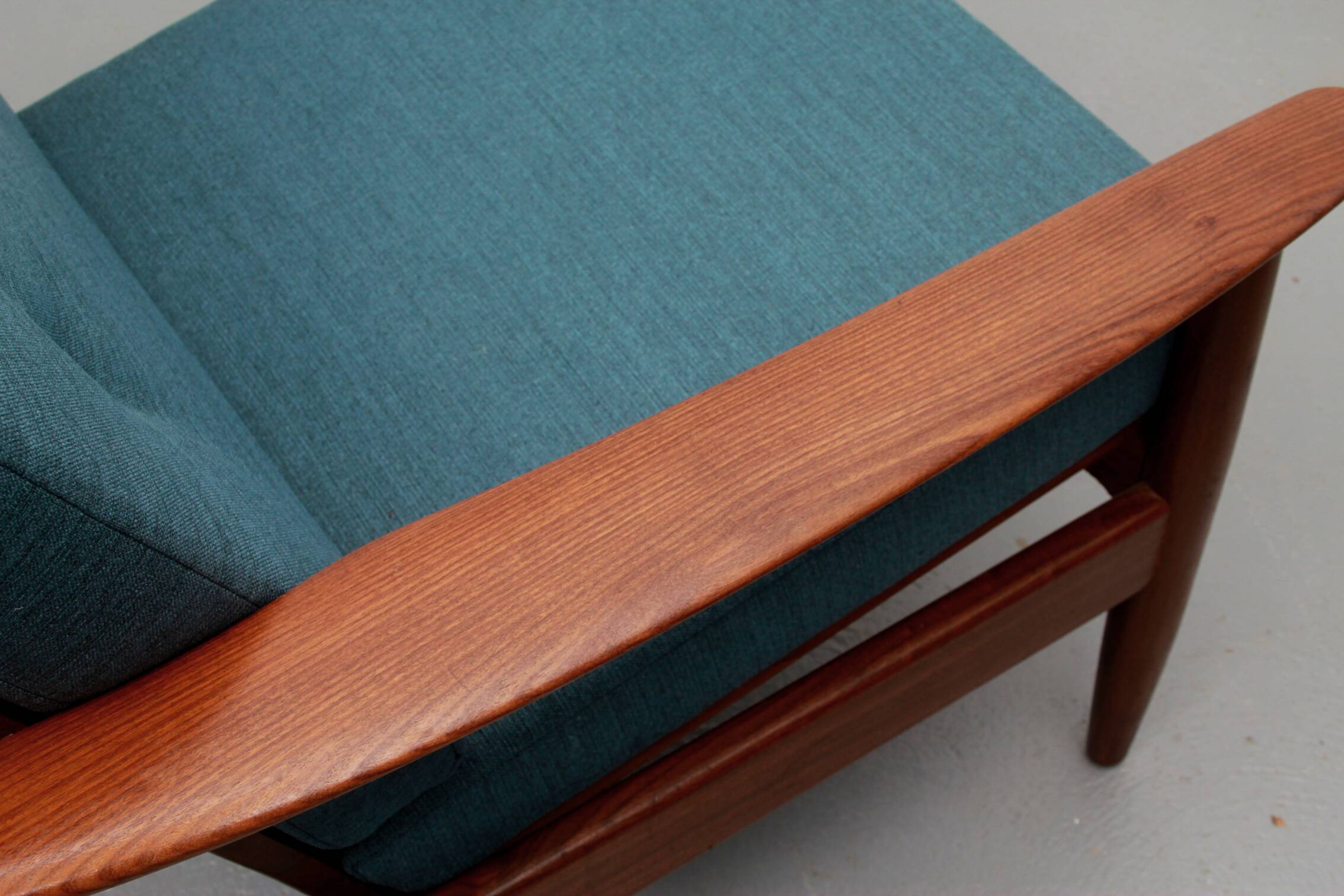 1960s armchair in teak, cushions petrol