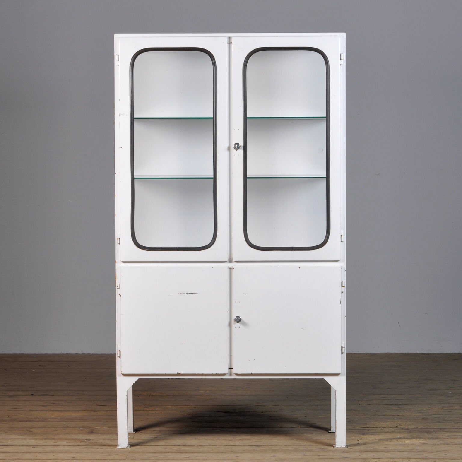 Vintage glass & iron medical cabinet, 1970s