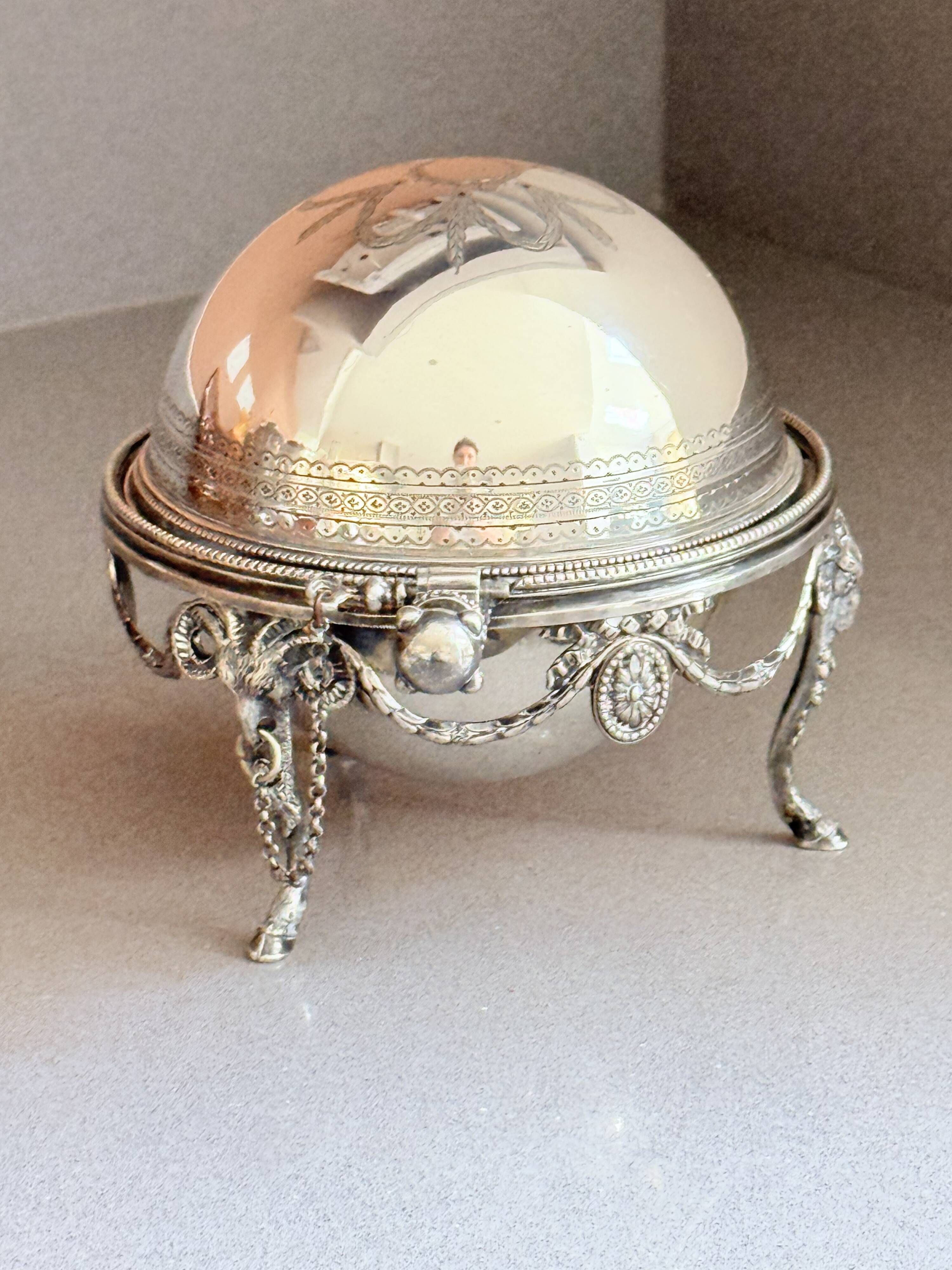 Antique English Silver-Plated Roll-Top Caviar Dish with Ram’s-Head Decoration