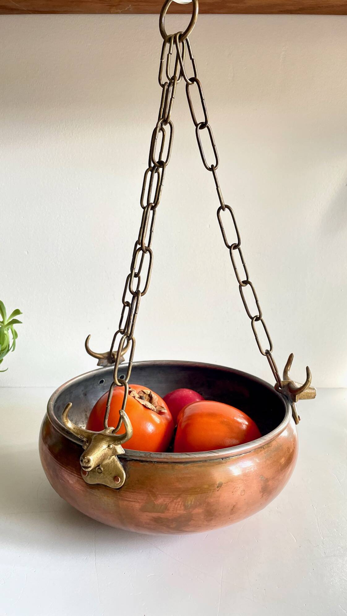 Cache-pot suspendu aux 3 buffles vintage