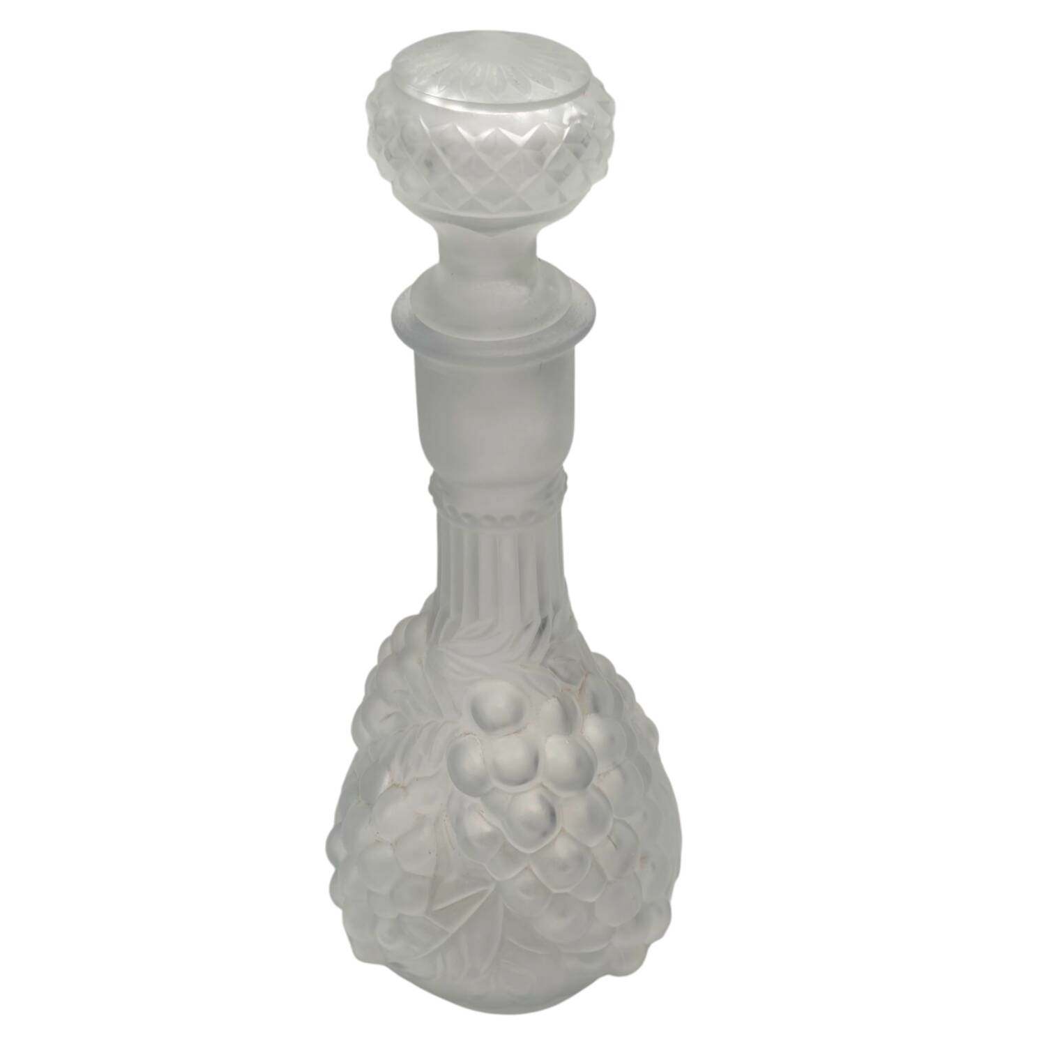 Vintage 1950s French Frosted Glass Decanter - Embossed Grapevine