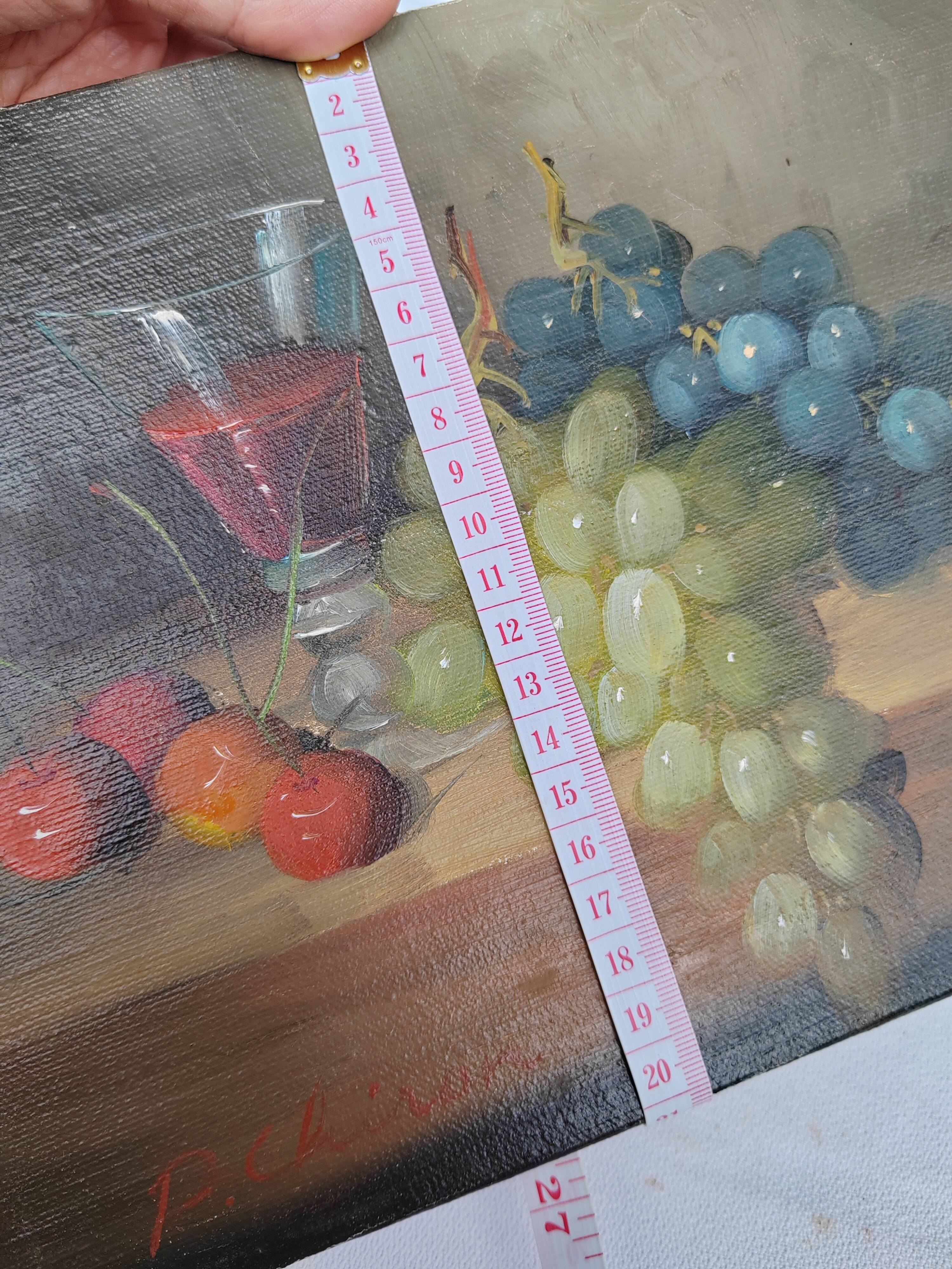 Small painting signed still life "Grapes and wine"